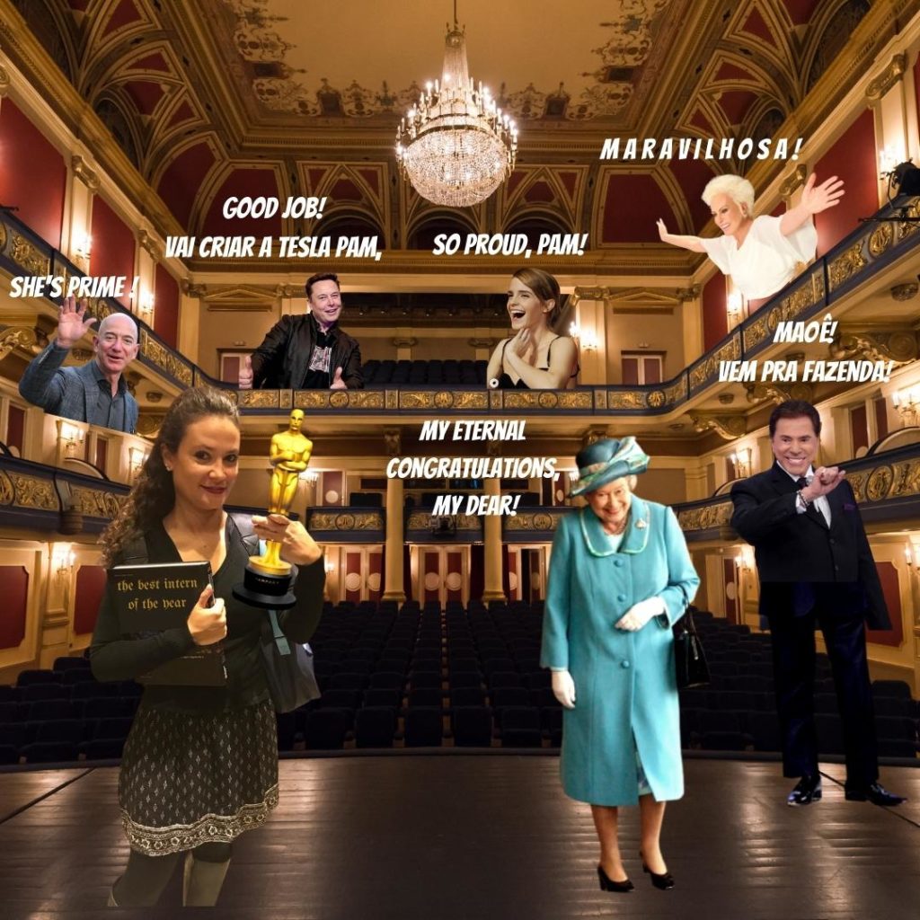 Montagem de imagens que mostra a Pamela ganhando o Óscar. Além disso, várias celebridades com o fundador da Amazon, da Tesla, Sílvio Santos e a a Eterna Rainha Elizabeth estão elogiando a a Pâm.