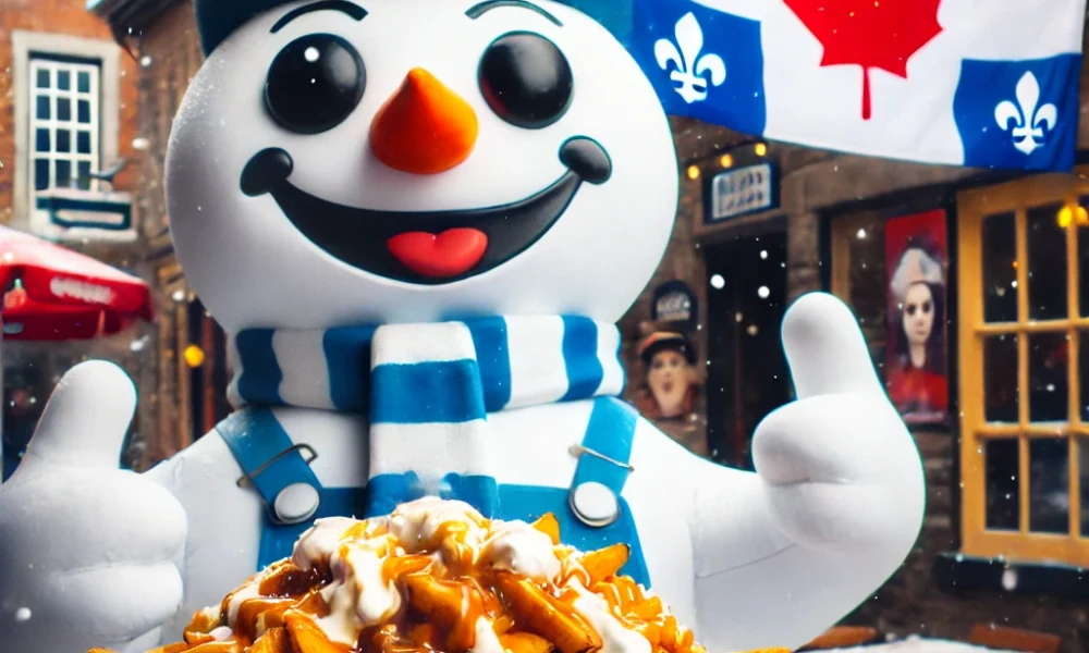 Boneco de neve comendo poutine no Québec