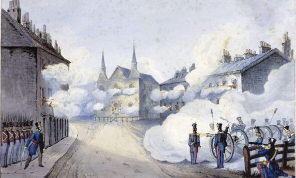 Igreja de Saint Eustache ocupada pelos patriotas. Vê-se as tropas leais ao Governo Inglês atirando contra a igreja.